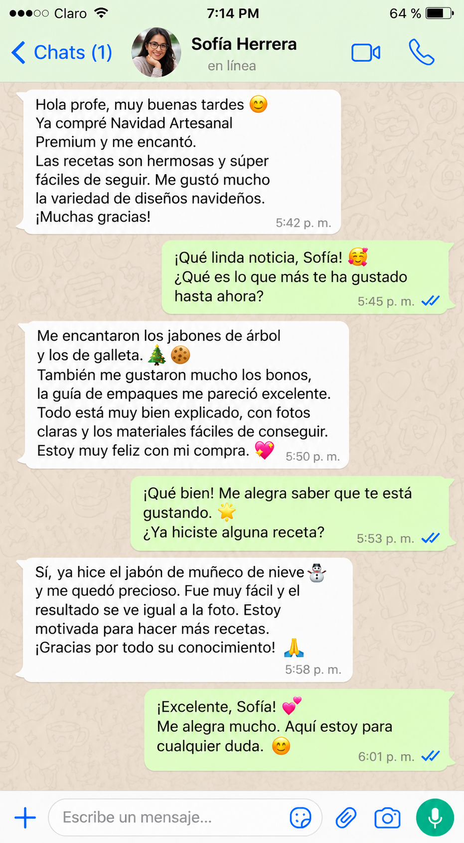 Testimonio de WhatsApp Sofía - Colección Navideña